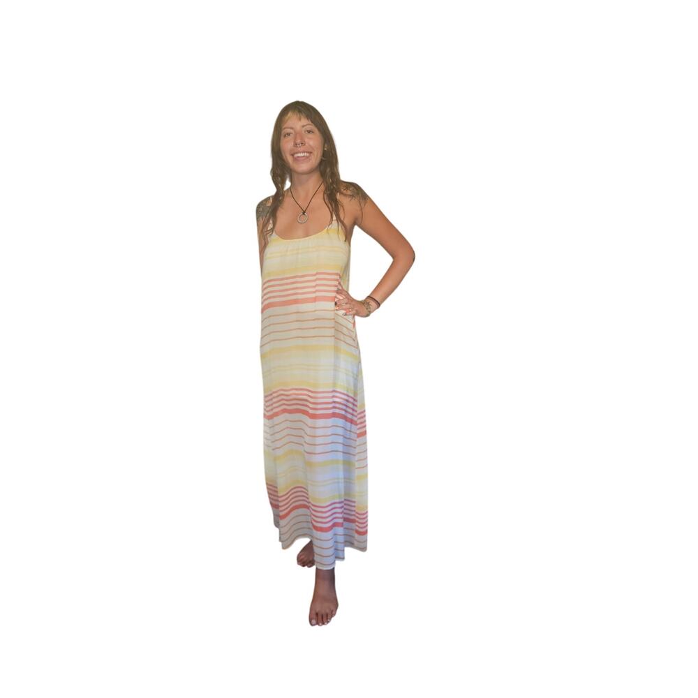 Love Stitch Striped Flowy Sheer Leg Chiffon Maxi Dress S Yellow Orange Beachy